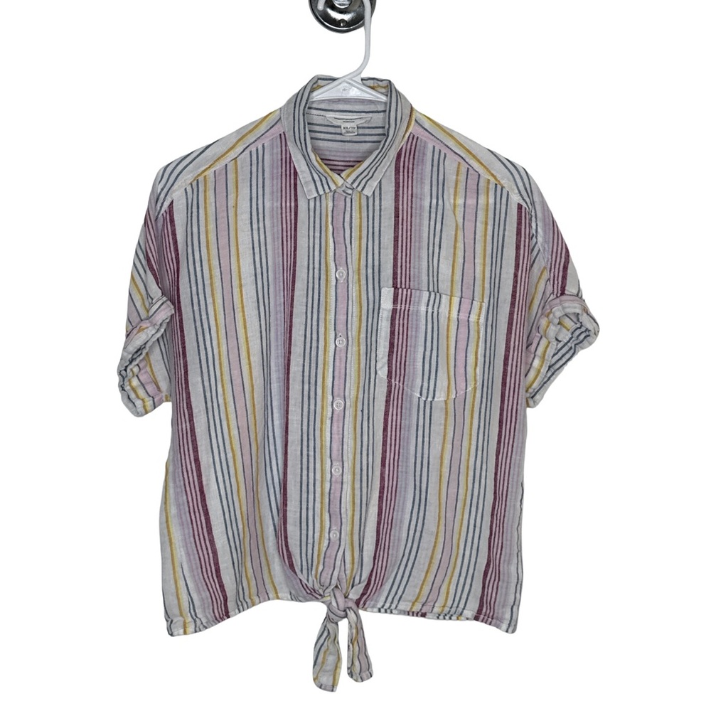 BEACHLUNCHLOUNGE Blouse Women’s XS Striped Linen Cotton Tie Button Oversized